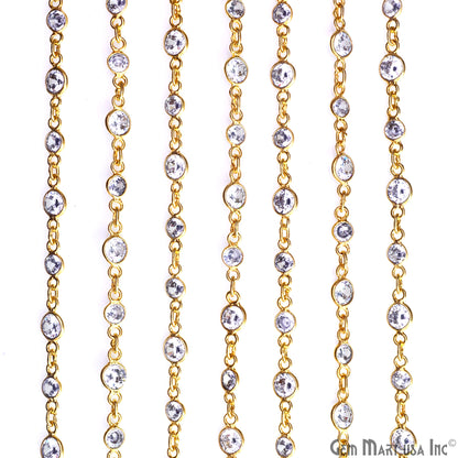 White Zircon 4mm & 5mm Round Gold Plated Bezel Continuous Connector Chain