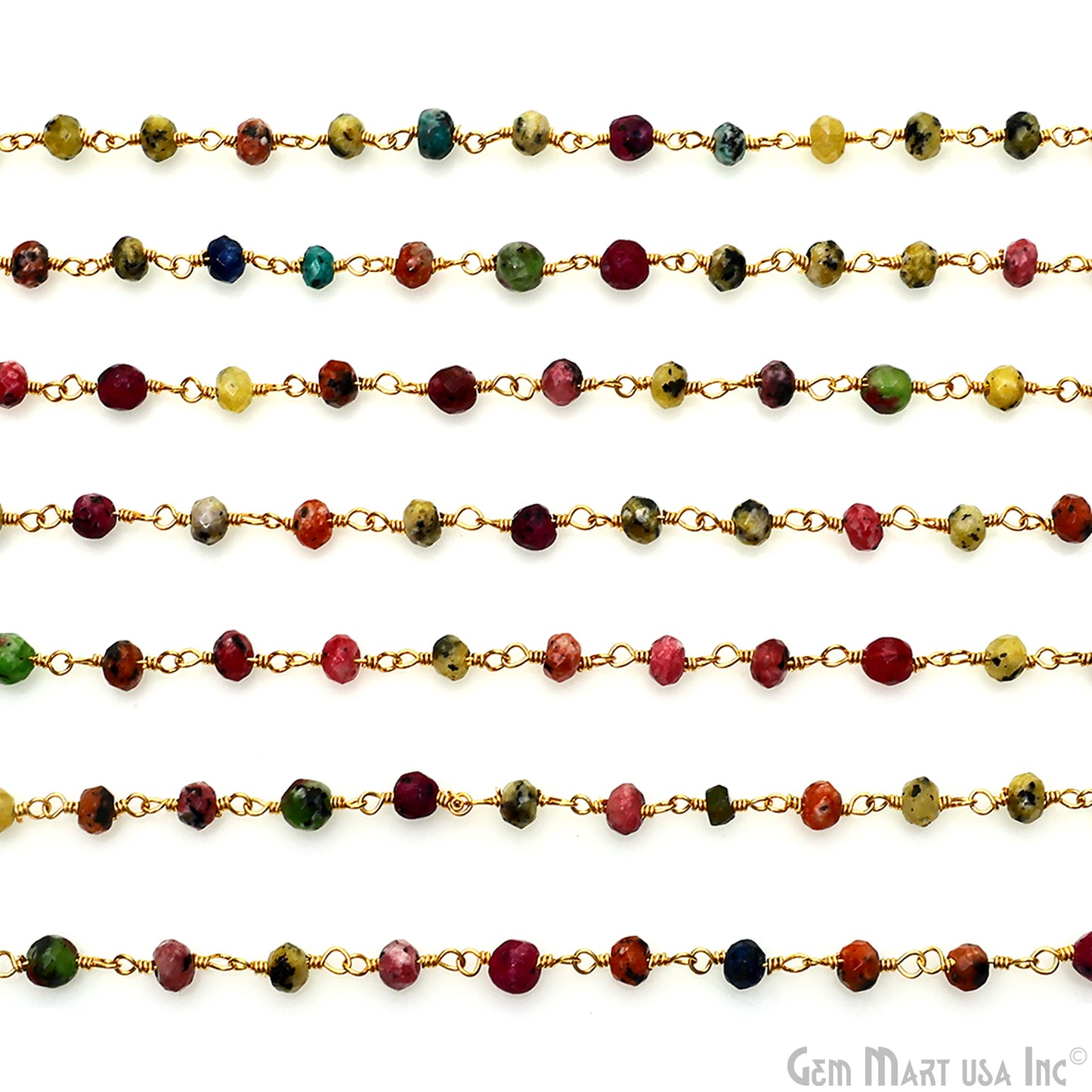 Multi Color Jade Round Faceted 4mm Gold Plated Wire Wrapped Rosary Chain