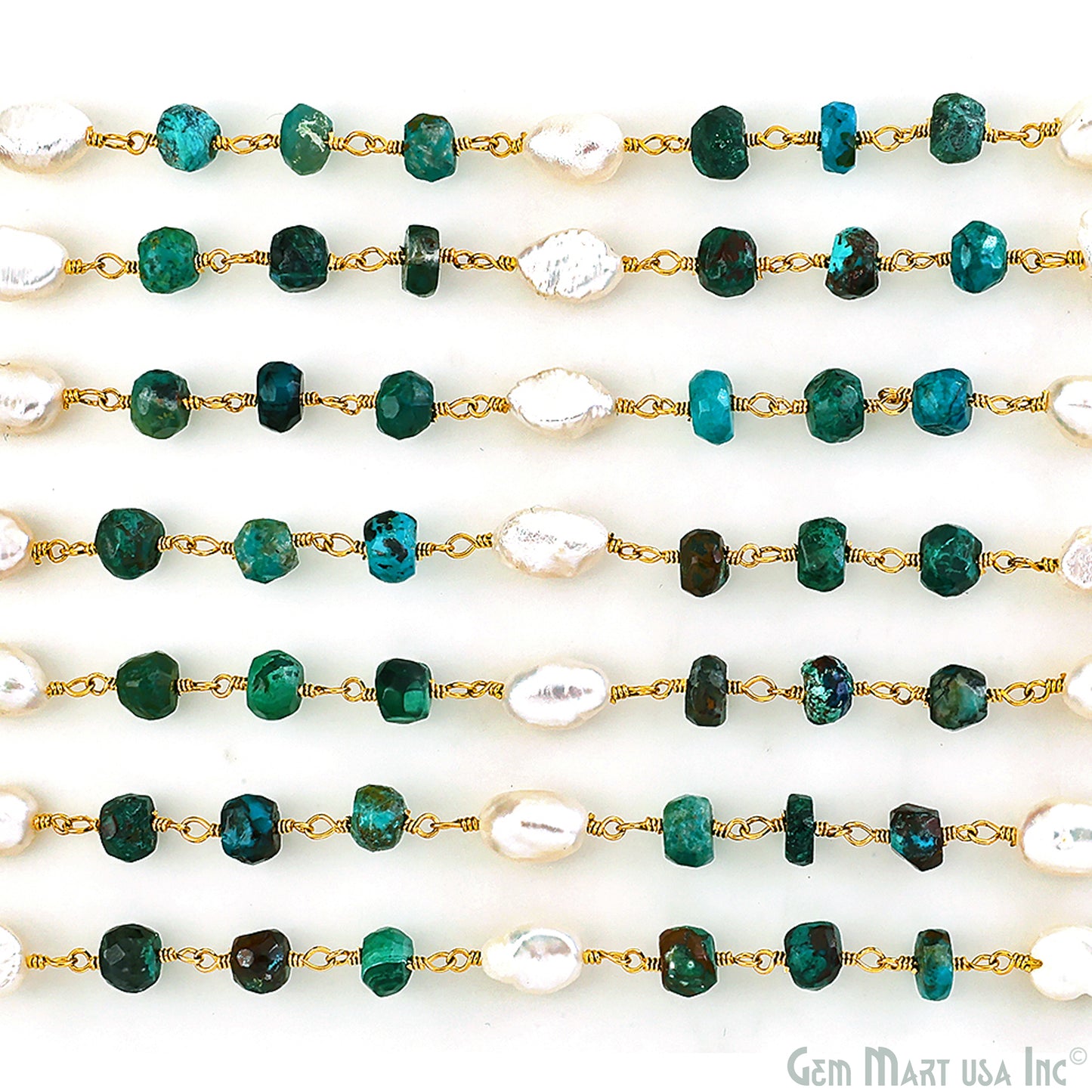 Chrysocolla and Pearl Rondelle Beads Gold Wire Wrapped Rosary Chain