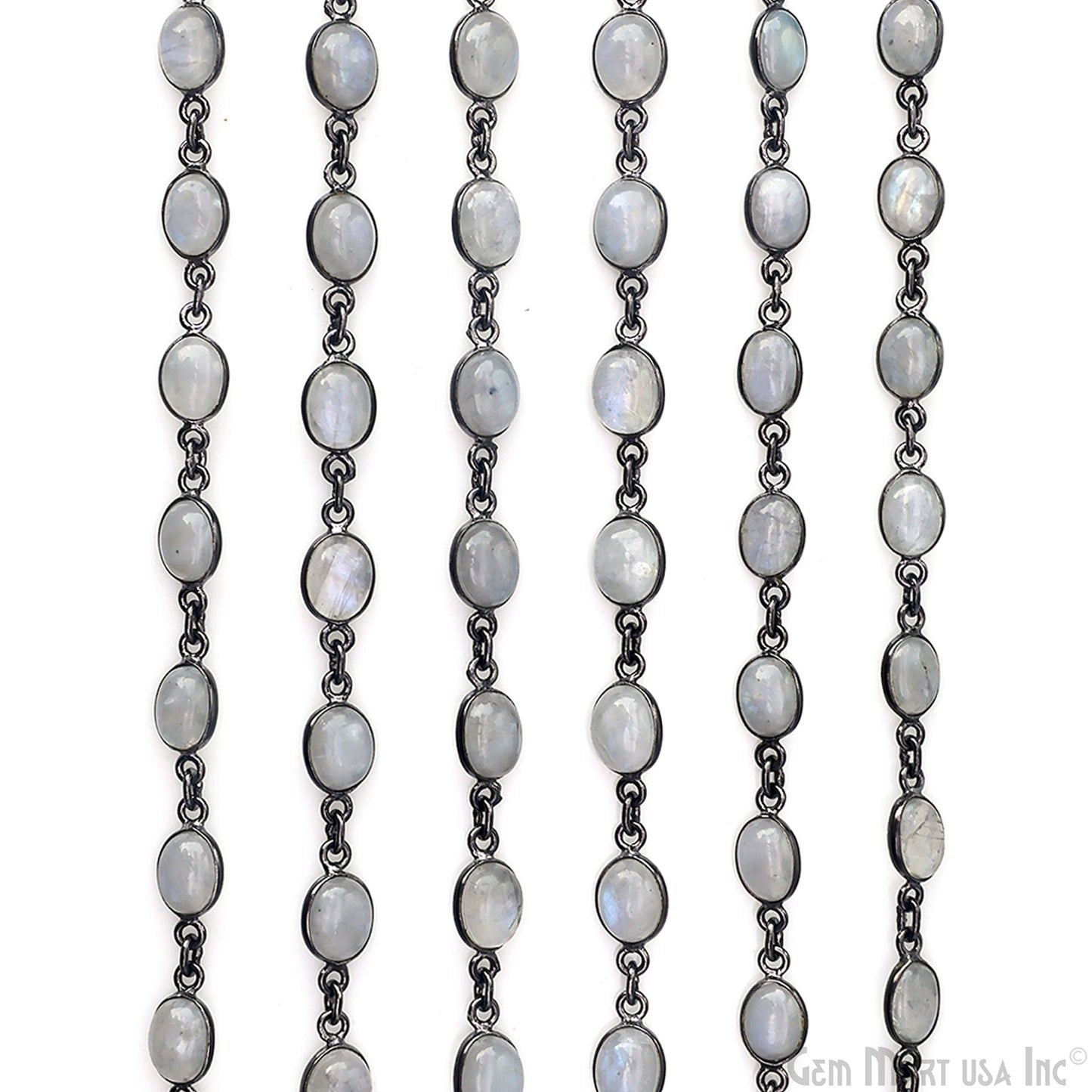 Rainbow Moonstone 6x8mm Oval Oxidized Bezel Cabochon Continuous Connector Chain