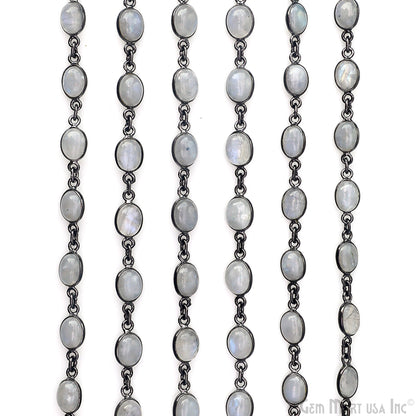 Rainbow Moonstone 6x8mm Oval Oxidized Bezel Cabochon Continuous Connector Chain