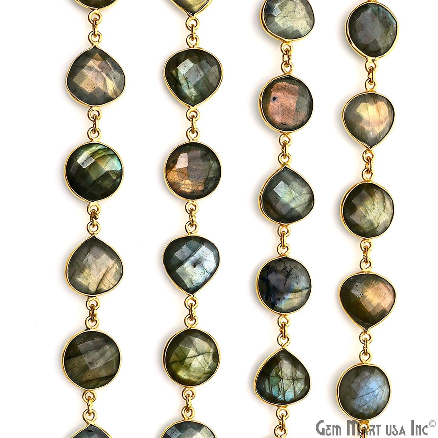 Labradorite Round & Heart 12mm Gold Plated Bezel Continuous Connector Chain