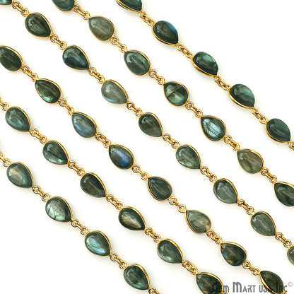 Labradorite 7x10mm Pears Gold Plated Bezel Cabochon Continuous Connector Chain