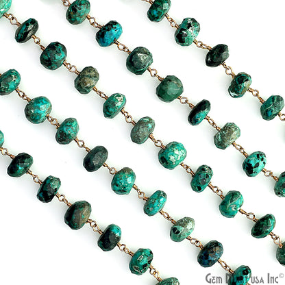 Chrysocolla Faceted 8-9mm Gold Plated Beaded Wire Wrapped Rosary Chain