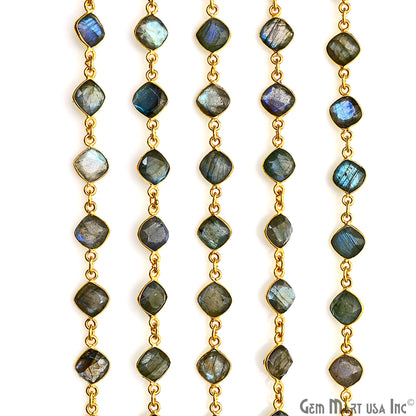 Labradorite Cushion 6-8mm Gold Plated Bezel Continuous Connector Chain