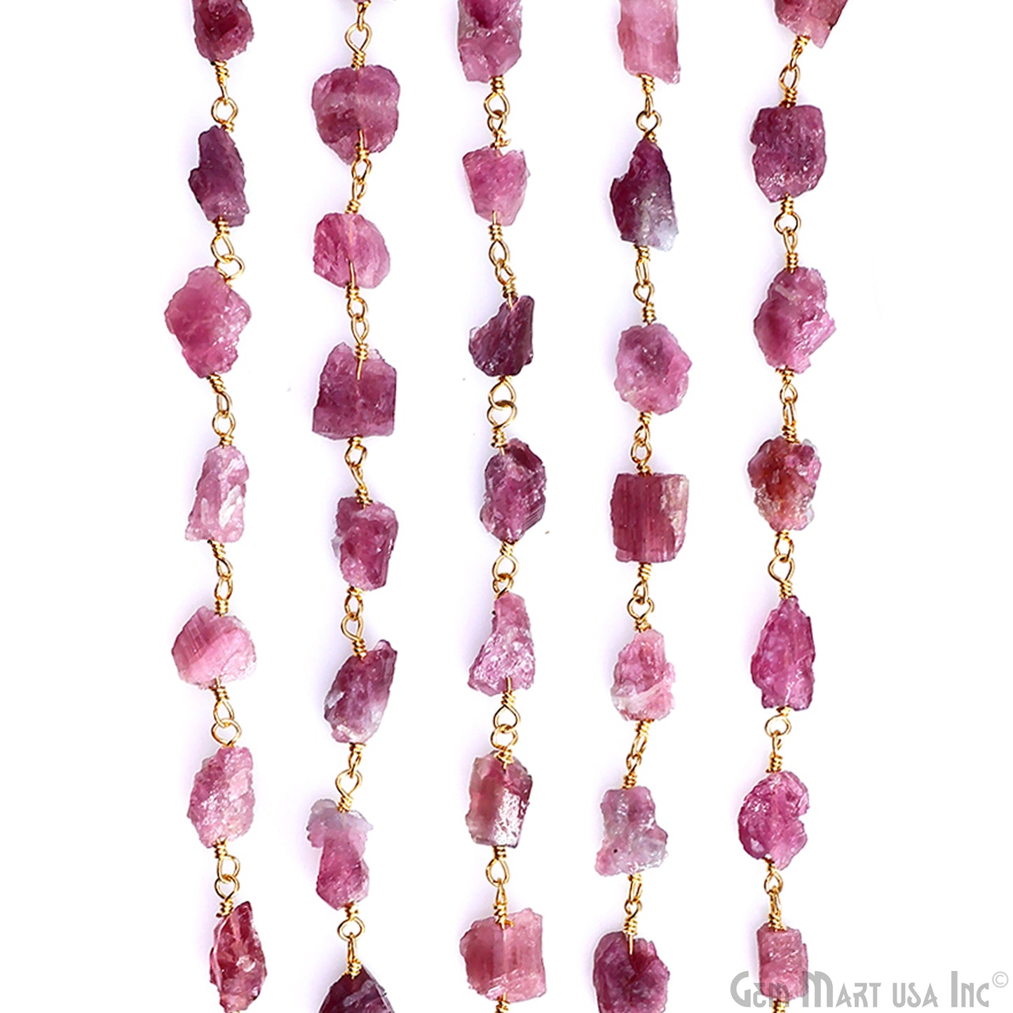 Pink Tourmaline 6x8mm Nugget Rough Gemstone Gold Wire Wrapped Rosary Chain