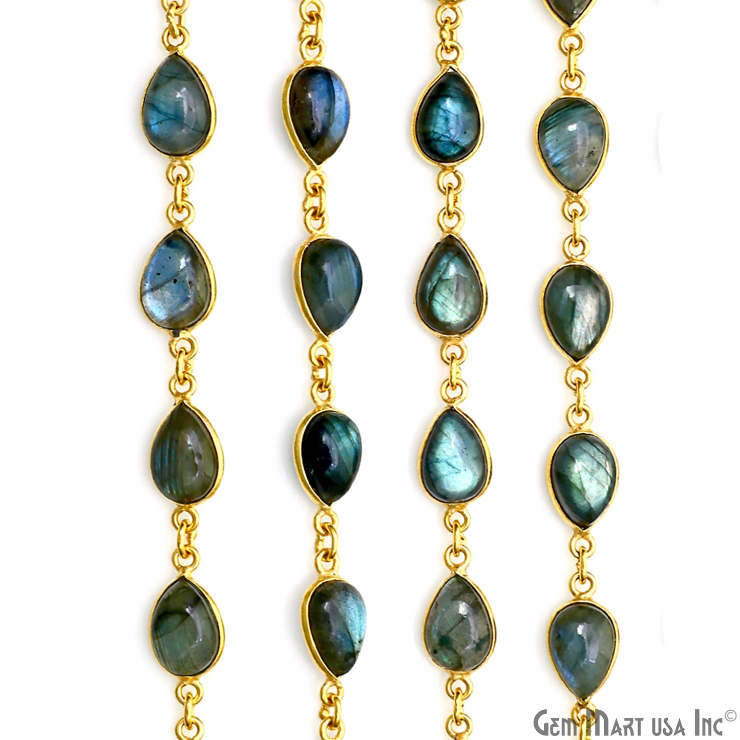 Labradorite Cabochon Pears 7x11mm Gold Plated Bezel Continuous Connector Chain