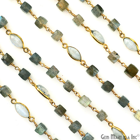 Labradorite Box Beads & Moonstone Bezel Connector Gold Plated Rosary Chain