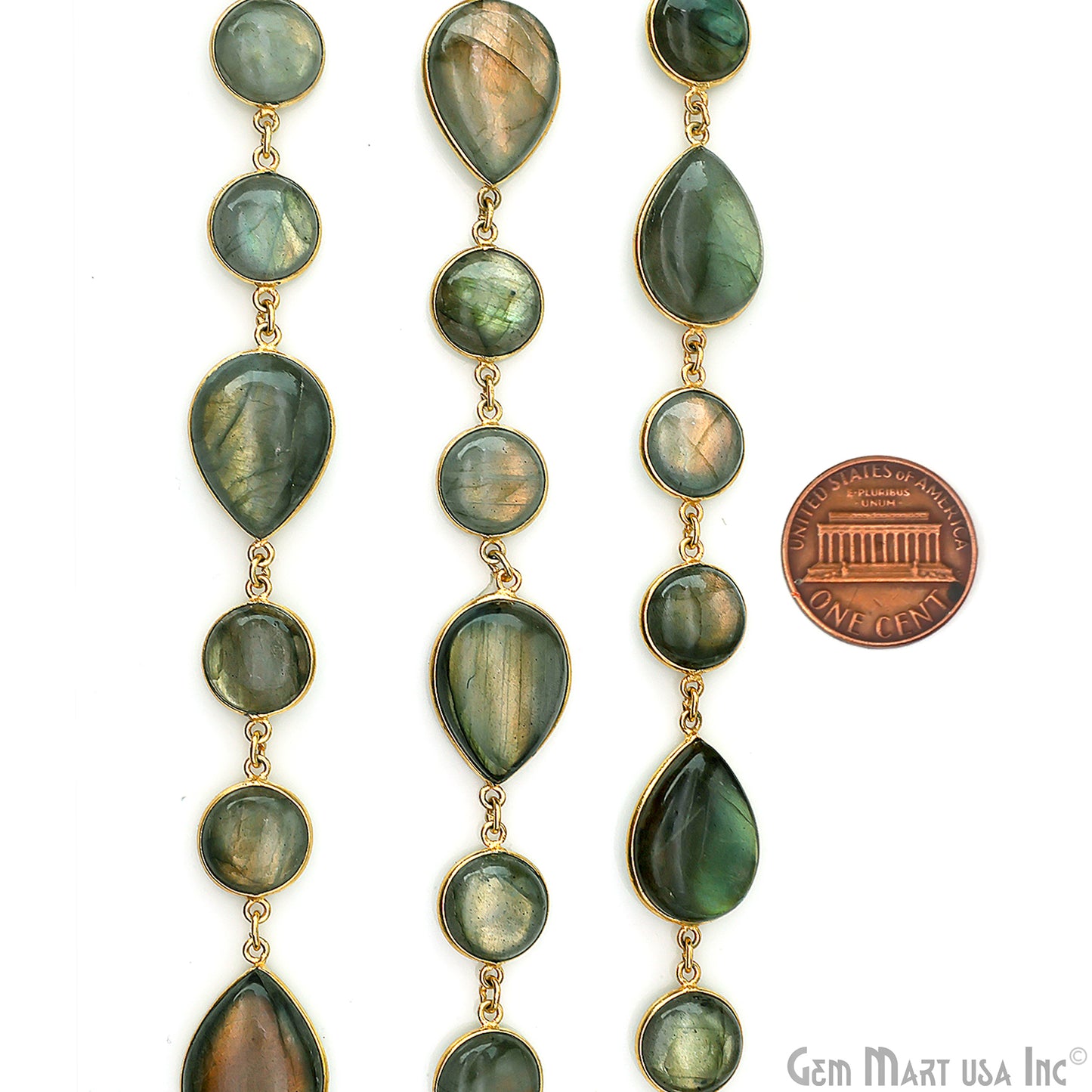 Labradorite Cabochon Round & Pears Shape Gold Plated Continuous Connector Chain