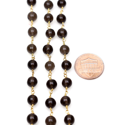 Smoky Topaz Cabochon Beads 6-7mm Gold Wire Wrapped Rosary Chain