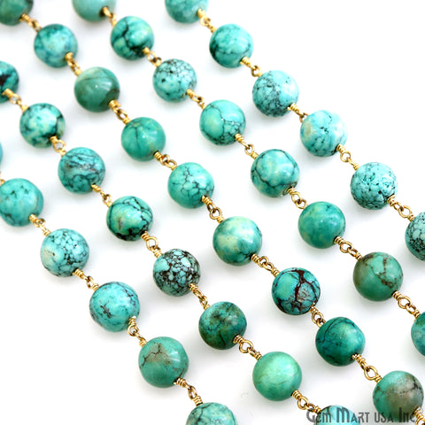Turquoise Green Cabochon 9-10mm Gold Plated Wire Wrapped Rosary Chain