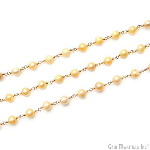 Golden Freshwater Pearl Round 5-6mm Gold Wire Wrapped Beads Rosary Chain