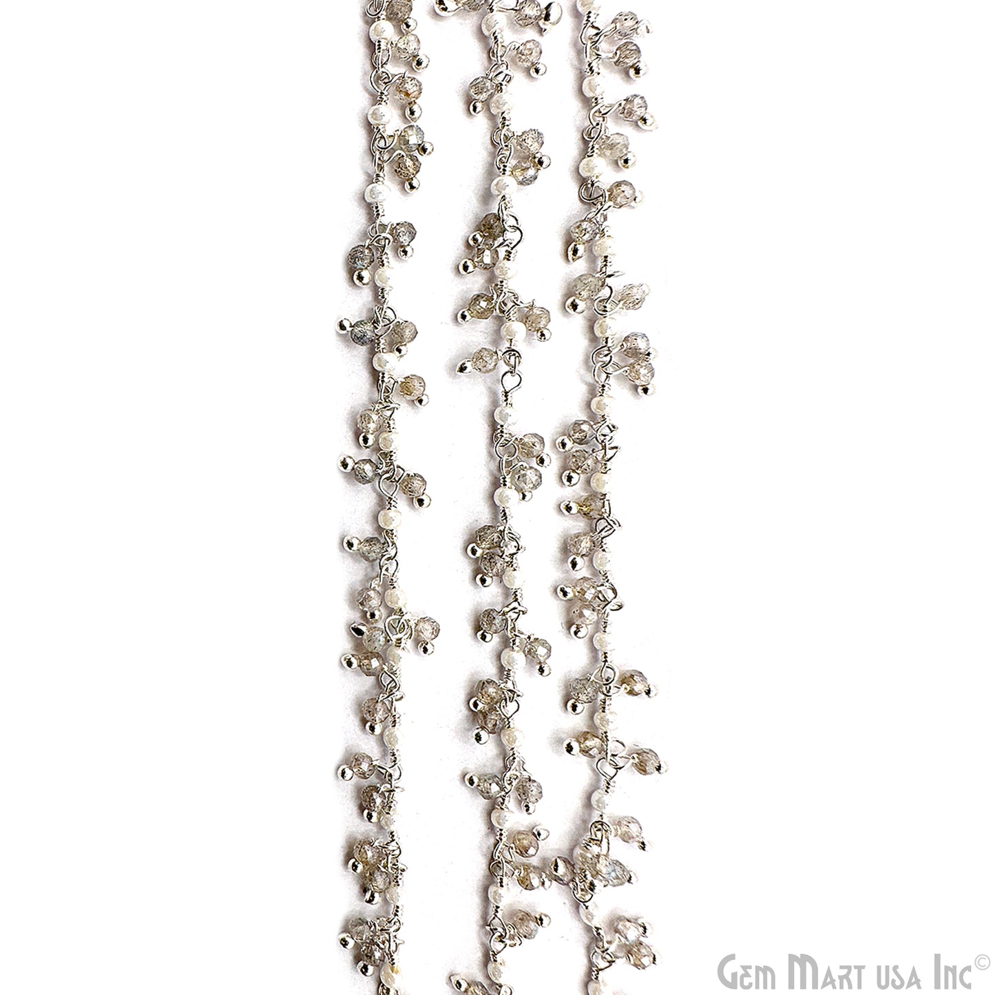 Labradorite & Synthetic Pearl Faceted Beads Silver Plated Wire Wrapped Rosary Chain