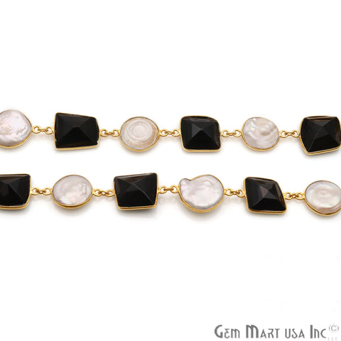 Black Onyx With Freshwater Pearl Round 10-15mm Gold Bezel Continuous Connector Chain - GemMartUSA