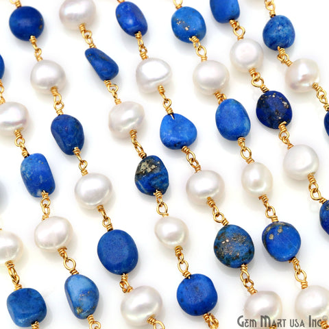 Lapis Tumble Beads 8x5mm & Freshwater Pearl 7-8mm Beads Gold Plated Rosary Chain