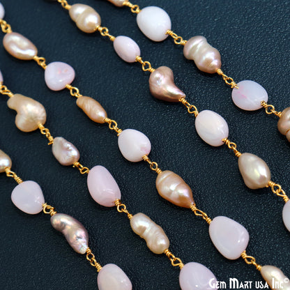 Pink Opal & Pink Pearl Tumbled Beads 10x6mm Gold Plated Wire Wrapped Rosary Chain