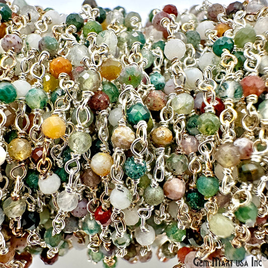 Moss Agate 2-2.5mm Tiny Beads Silver Plated Wire Wrapped Rosary Chain