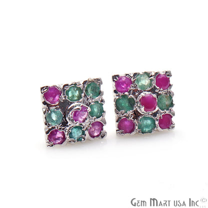 Emerald With Ruby Sterling Silver Stud Earring