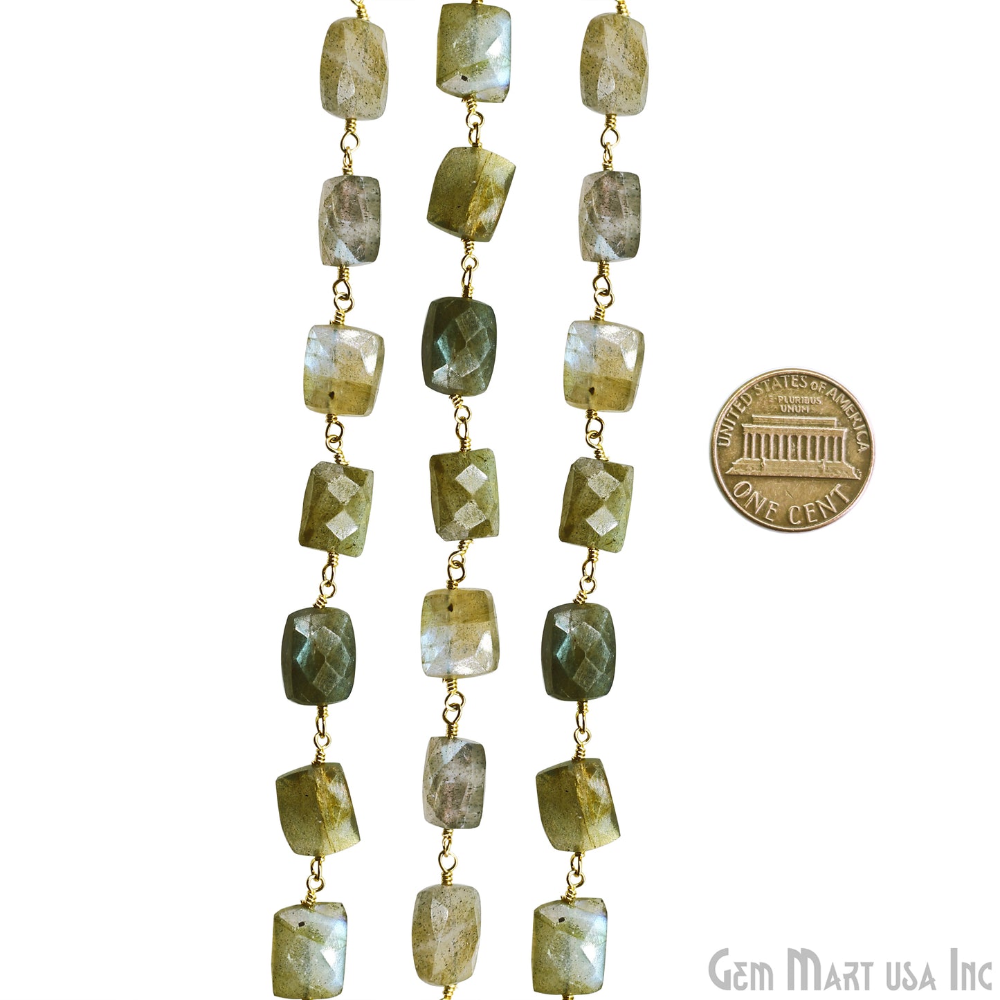 Labradorite Rectangel 7x9mm Beaded Gold Wire Wrapped Rosary Chain