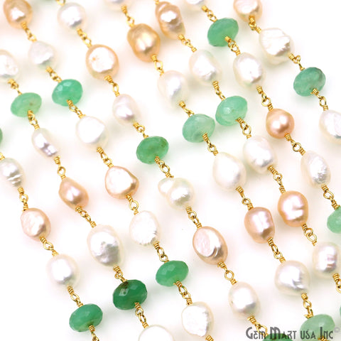 Chrysoprase & Freshwater Pearl Faceted Beads Gold Plated Wire Wrapped Rosary Chain