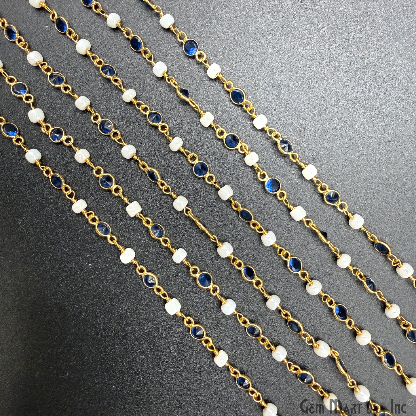 Sapphire & Pearl Beads Gold Plated Round Shape Bezel Link Continuous Connector Chain