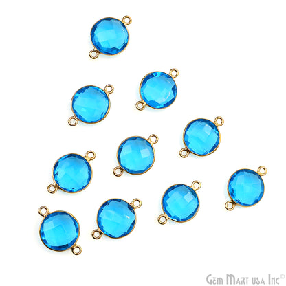 Blue Topaz Bezel Connector Round Shape 24K Gold Plated Double Bail Connector (HB-11523)