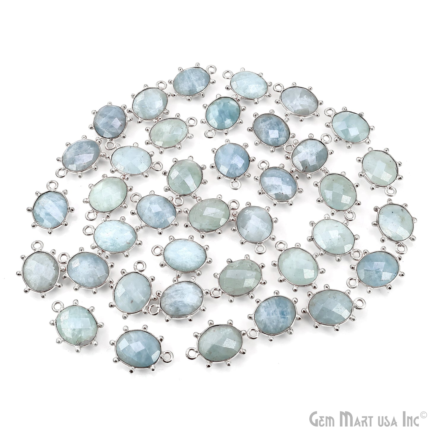 Aquamarine Oval 17x13mm Design Bezel Silver Plated Single Bail Gemstone Connector