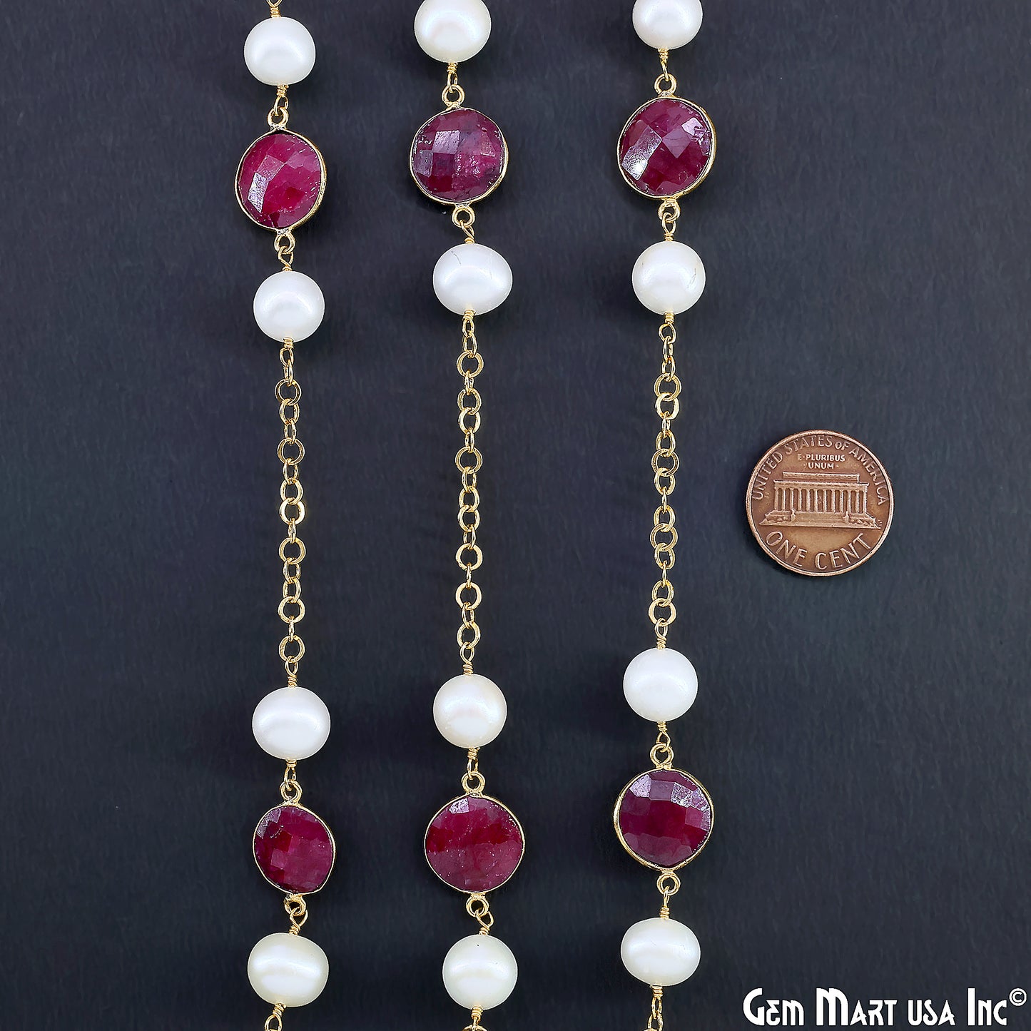 Ruby And Pearl Beads Gold Plated Round Shape Bezel Link Continuous Connector Chain