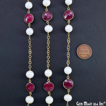Ruby And Pearl Beads Gold Plated Round Shape Bezel Link Continuous Connector Chain