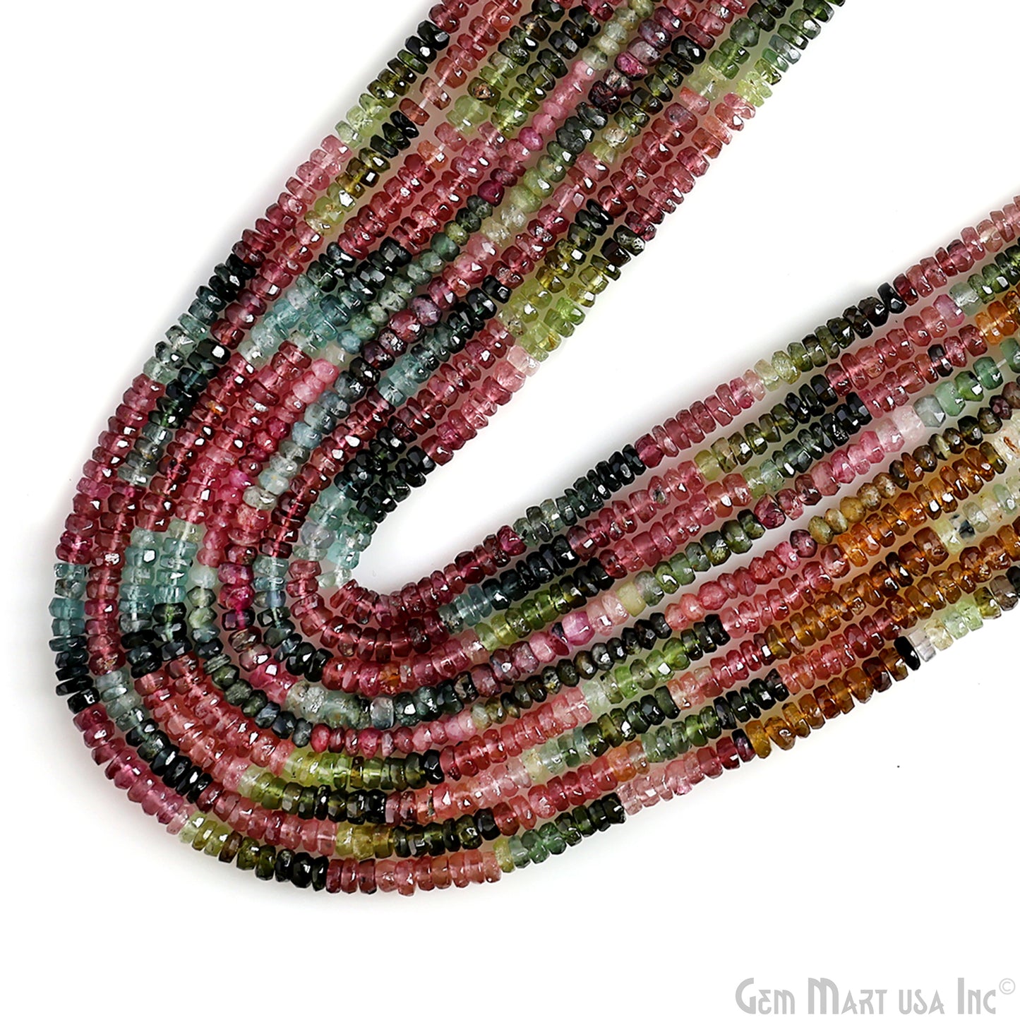 AA Natural Multi Tourmaline 4mm Gemstone Rondelle Beads, Wholesale Supply, Detailed shot of 4mm Multi Tourmaline Rondelle Beads on a 13-inch strand, highlighting their sparkling facets and diverse shades