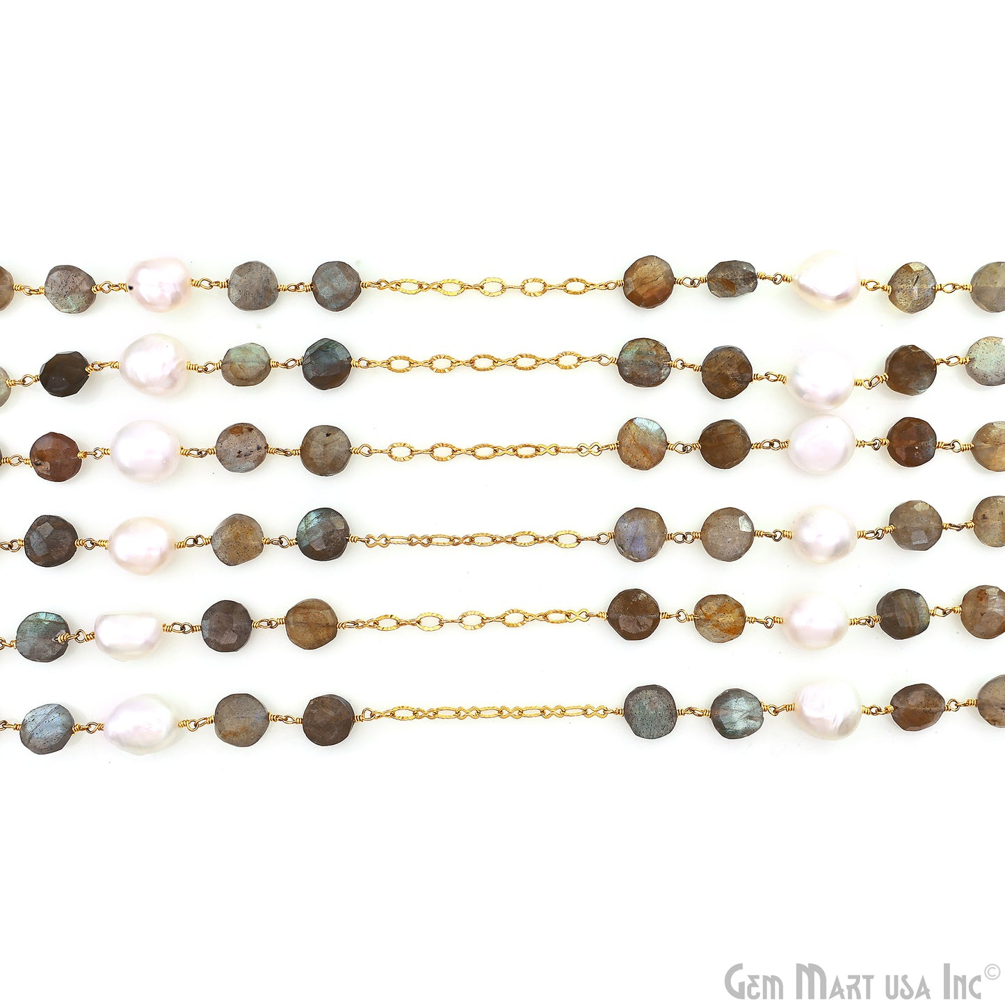 Labradorite Coin 10-11mm & Pearl 10-12mm Gold Plated Beads Rosary Chain