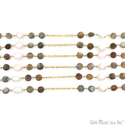 Labradorite Coin 10-11mm & Pearl 10-12mm Gold Plated Beads Rosary Chain