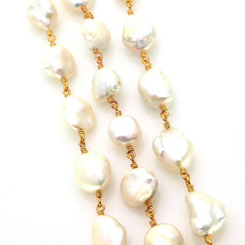 Natural Freshwater Pearl Free Form 10-12mm Gold Plated Wire Wrapped Rosary Chain