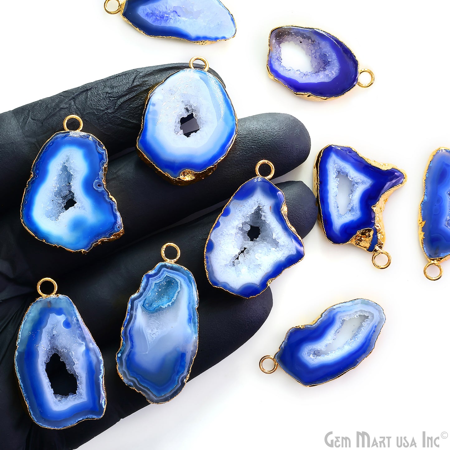 Blue Agate Geode Druzy 1-2 Inch Single Bail Gold Electroplated Gemstone Connector