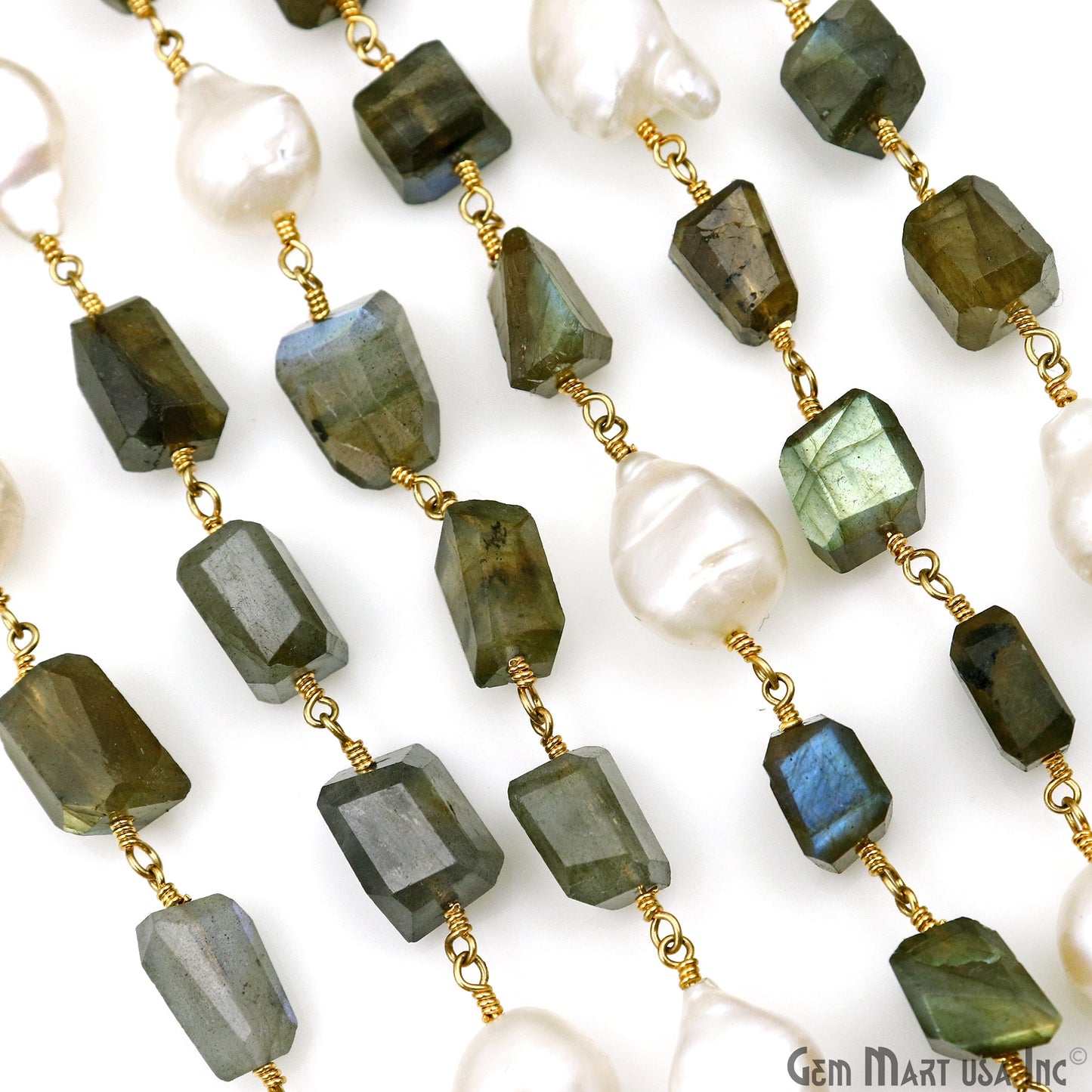 Labradorite With Freshwater Pearl Freeform Shape Gold Plated Wire Wrapped Beads Rosary Chain