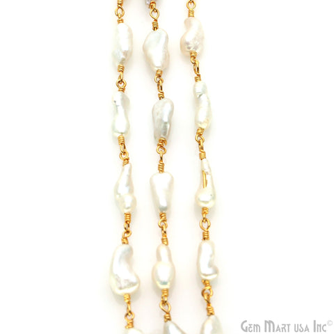 Freshwater Pearl Free Form 14x8mm Gold Wire Wrapped Rosary Chain