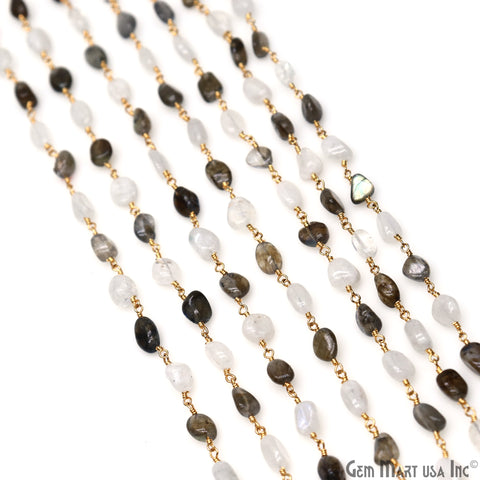 Rainbow Moonstone & Labradorite Tumble Beads 8x5mm Beads Gold Plated Rosary Chain