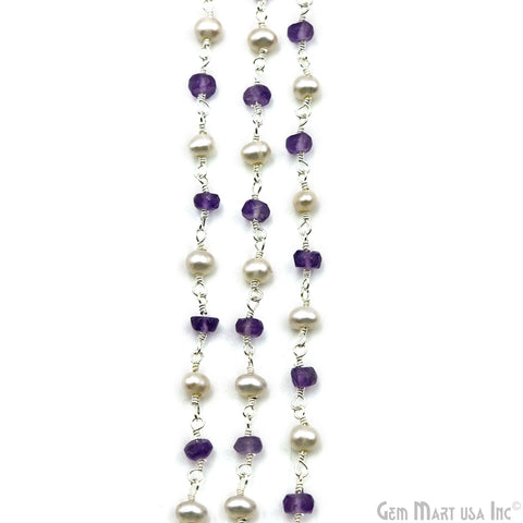 Amethyst With Freshwater Pearl 3-3.5mm Silver Plated Wire Wrapped Rosary Chain