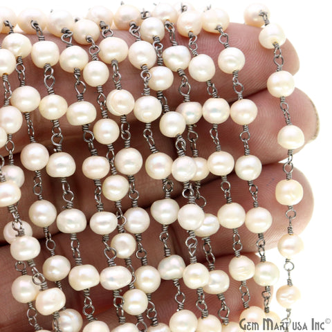 Freshwater Pearl Round 5-6mm Oxidized Wire Wrapped Beads Rosary Chain