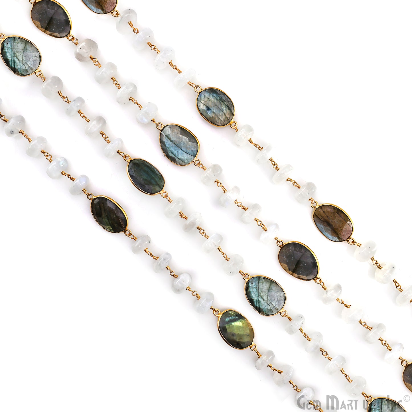 Rainbow Moonstone Beads & Labradorite Bezel Connector Gold Plated Rosary Chain