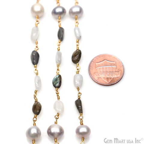 Labradorite, Pearl & Rainbow Moonstone Tumble Beads Gold Wire Wrapped Rosary Chain