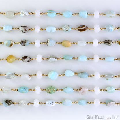 Amazonite & White Chalcedony Tumble Beads Gold Plated Wire Wrapped Rosary Chain