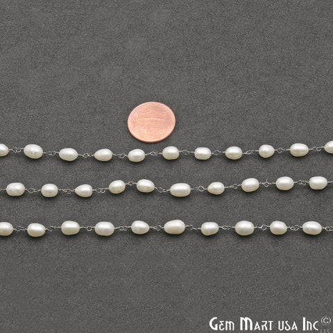 Freshwater Pearl Oval 7x5mm Oxidized Wire Wrapped Gemstone Rosary Chain - GemMartUSA