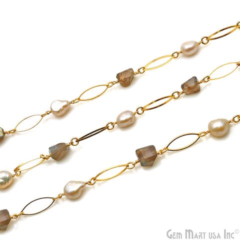 Labradorite & Freshwater Pearl With Gold Marquise Finding Rosary Chain
