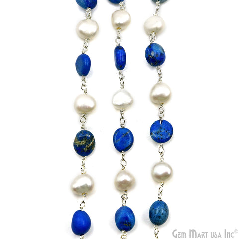 Lapis Tumble Beads 8x5mm & Freshwater Pearl 7-8mm Beads Silver Plated Rosary Chain