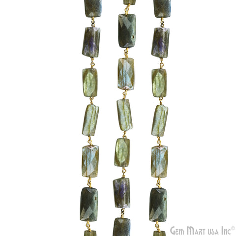 Labradorite Rectangle 19x8mm Beaded Gold Wire Wrapped Rosary Chain