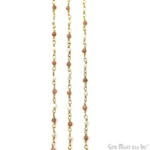 Rhodochrosite & Mother Of Freshwater Pearl Gold Plated Wire Wrapped Gemstone Beads Rosary Chain