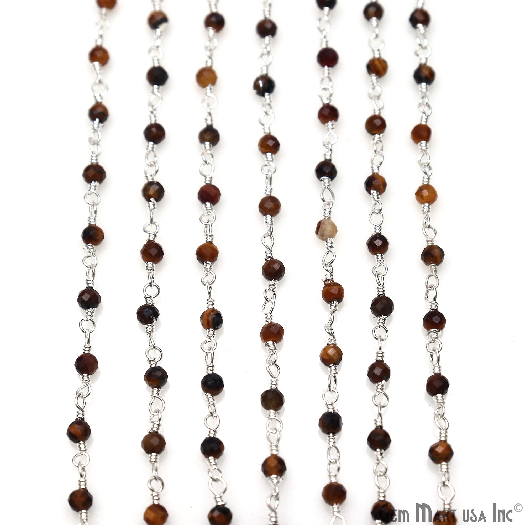 Tiger Eye 2.5-3mm Tiny Beads Silver Plated Wire Wrapped Rosary Chain