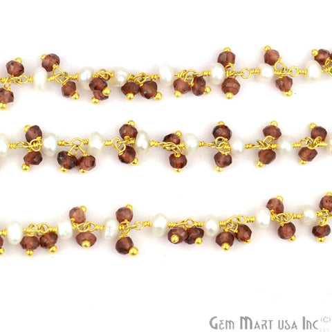 Garnet With Freshwater Pearl Faceted Beads Gold Wire Wrapped Cluster Dangle Chain - GemMartUSA (764170567727)