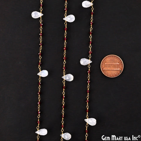 Garnet Beads & Rainbow Moonstone Drop Beads Gold Wire Wrapped Beads Rosary Chain